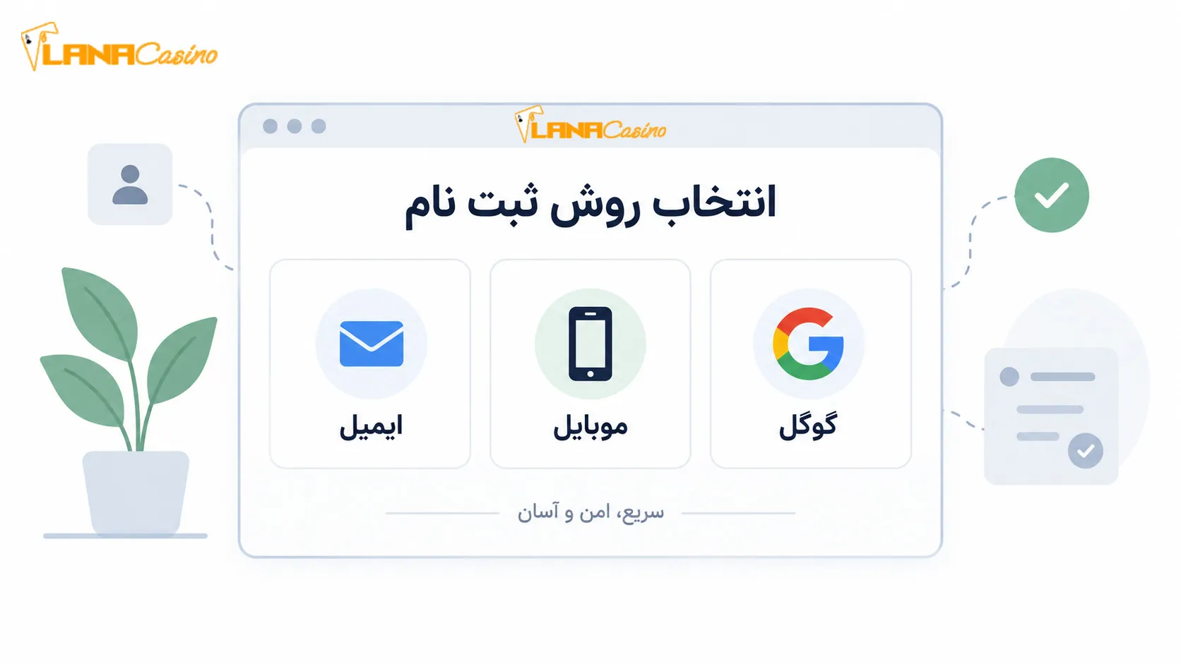 پنجره انتخاب روش ثبت نام با ایمیل موبایل و گوگل در لانا بت